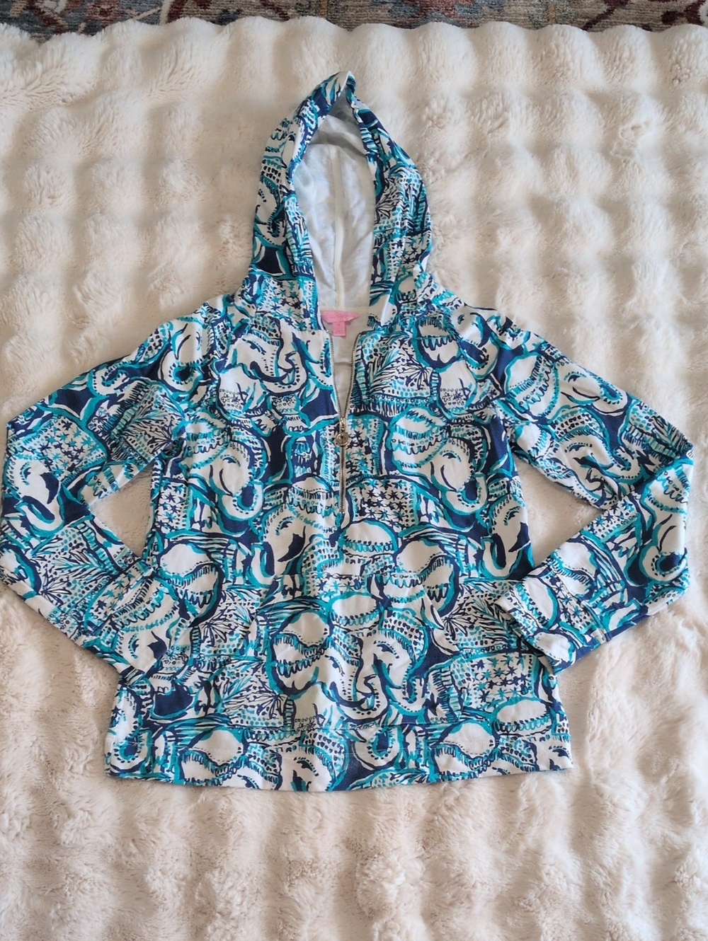 Lilly Pulitzer 1/4 Zip Teal, Navy & White Hooded Jacket
